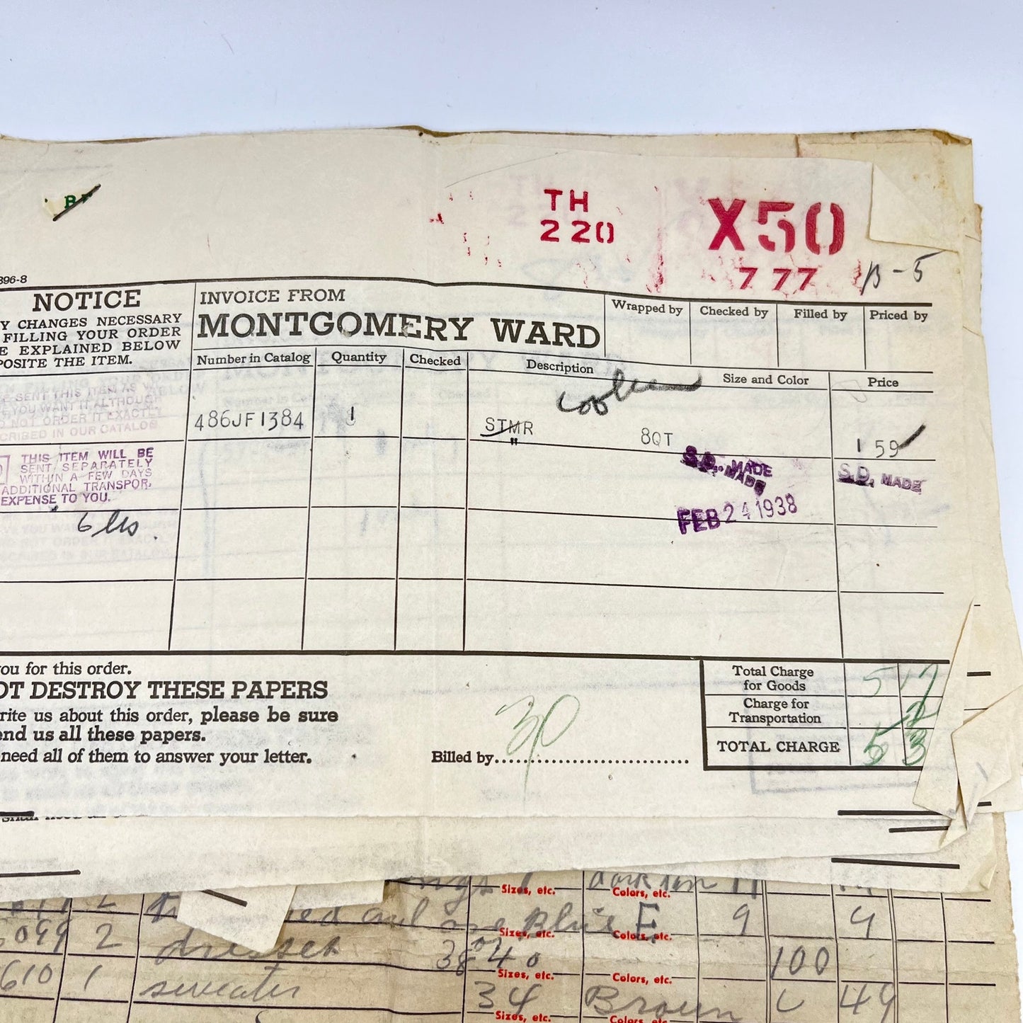 1938 Montgomery Ward Invoice and Order Forms Mathias West Virginia L4-6