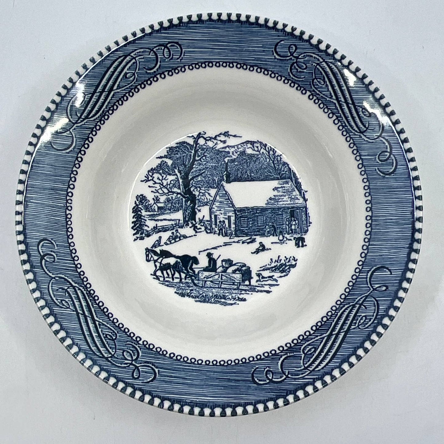 Currier and Ives Bowl Early Winter Schoolhouse Horse Buggy 6 1/4" Blue TI3-3