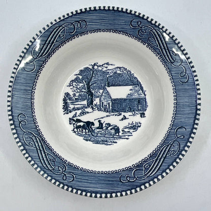 Currier and Ives Bowl Early Winter Schoolhouse Horse Buggy 6 1/4" Blue TI3-3