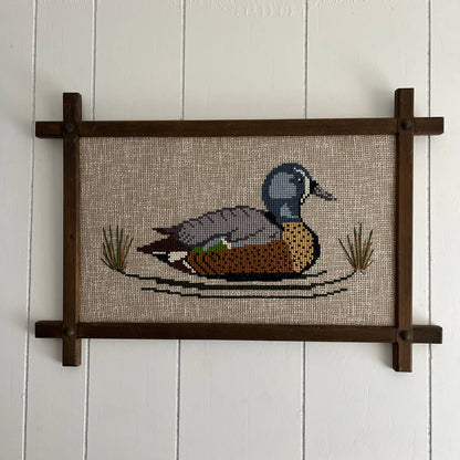 1970s Kitsch Rustic Wood Framed Mallard Duck Wall Needlepoint Art 25x17"