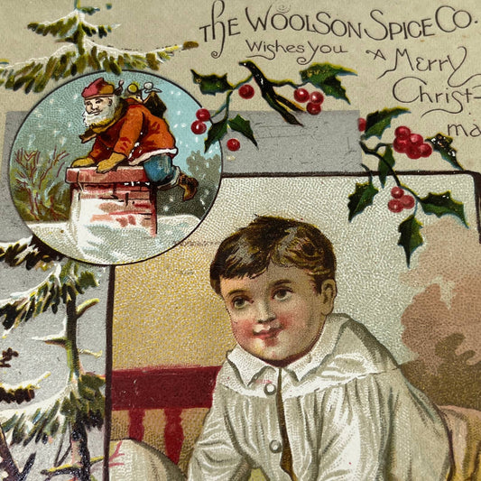 1880s Victorian Trade Card Woolson Spice Co Merry Christmas Santa AC2