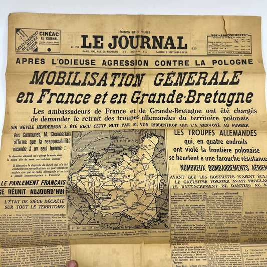 1939 WWII French Newspaper Sept 2 Le Journal Aggression Against Poland FL4