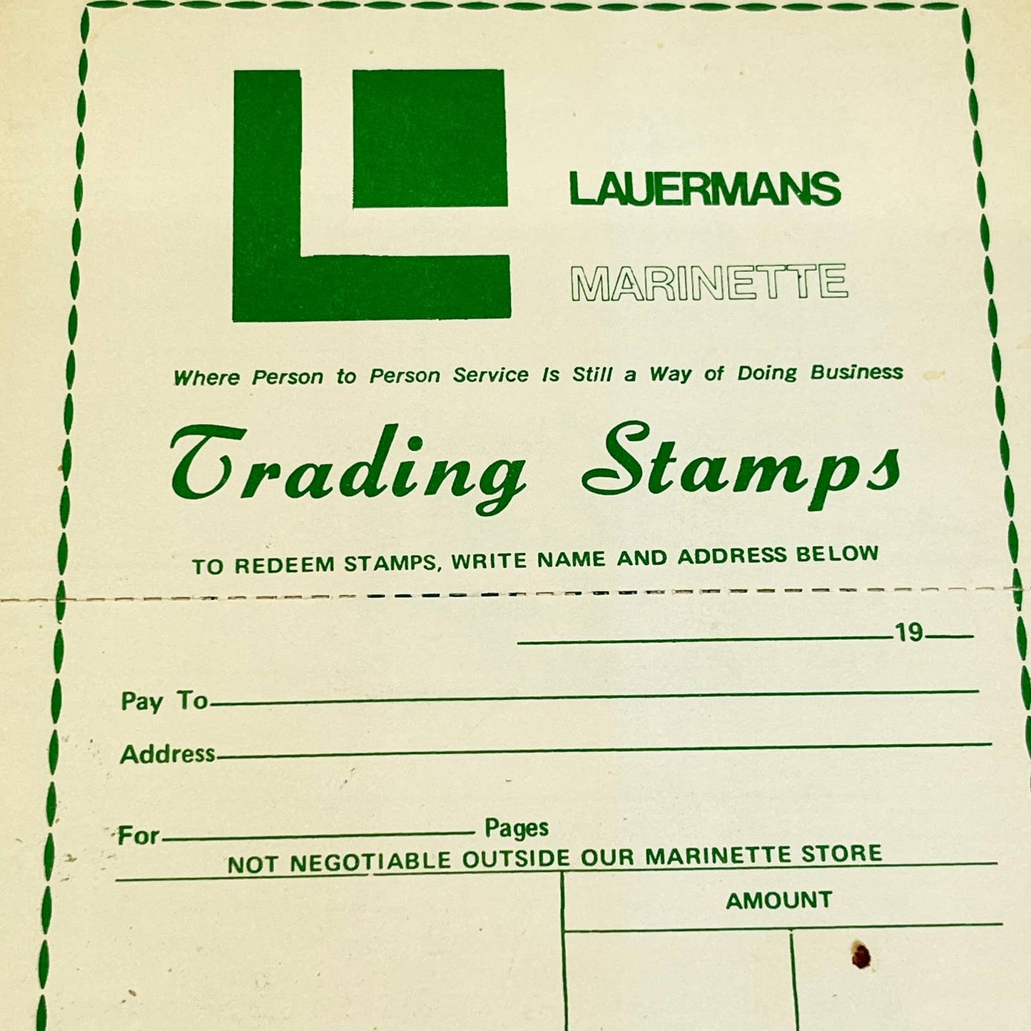 1960s Lauermans Store Trading Stamps Value Coupon Book Marinette WI TC6