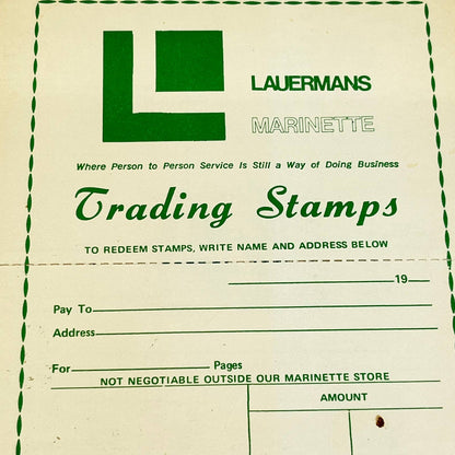 1960s Lauermans Store Trading Stamps Value Coupon Book Marinette WI TC6