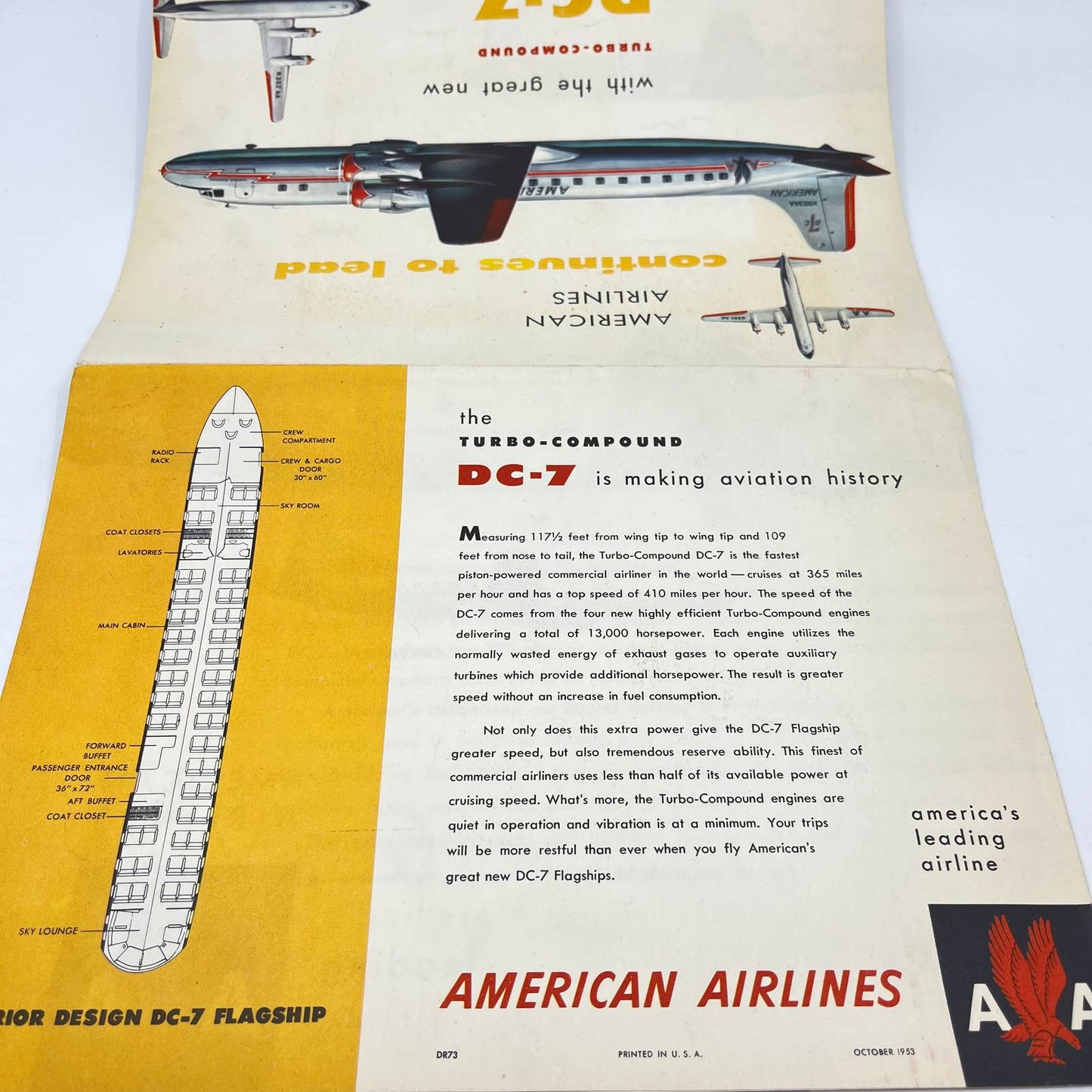 1953 American Airlines DC-7 Turbo Compound Fold Put Brochure Poster & Letter TF9