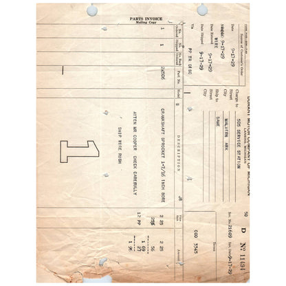 1929 9/17 Durant Motor Car Company Lansing MI Invoice Billhead Auto Parts AC9