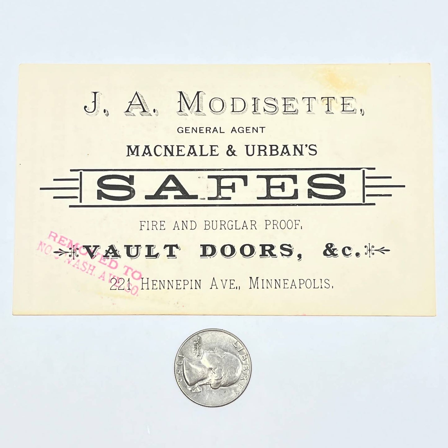 c1900 Trade Card J.A. Modisette McNeal & Urban Safes Vault Doors Minneapolis AC2