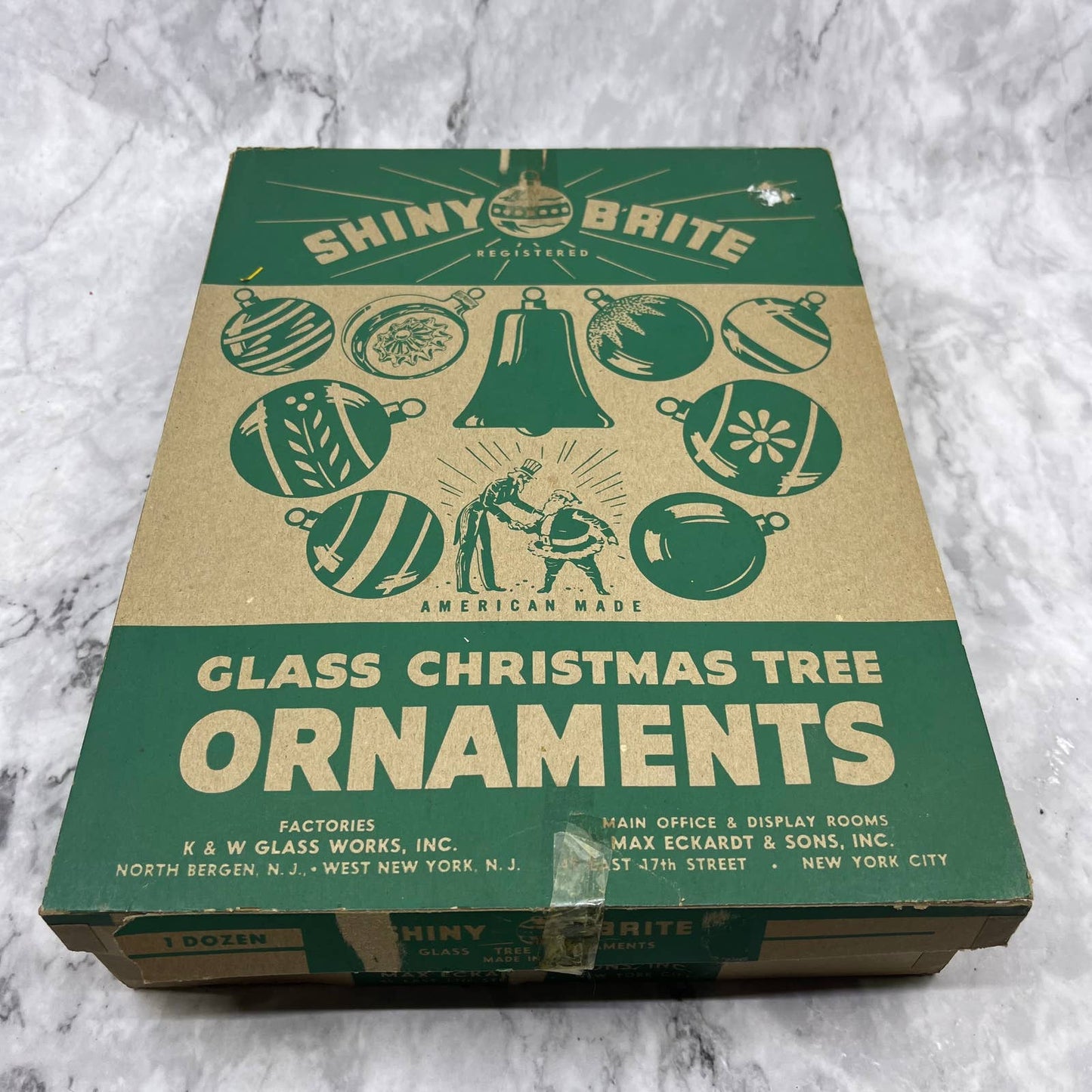 Shiny Brite 12 Vintage 3" Mercury Glass Ornaments Original Box  Silver Green TJ9