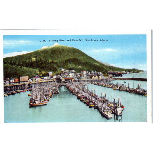 Fishing Fleet and Deer Mt. Ketchikan Alaska Original Postcard P1-11