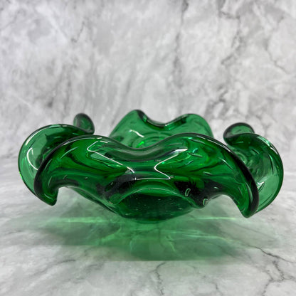 Vintage Emerald Green Swirly Murano Art Glass Bowl Heavy Glass 7" TA2