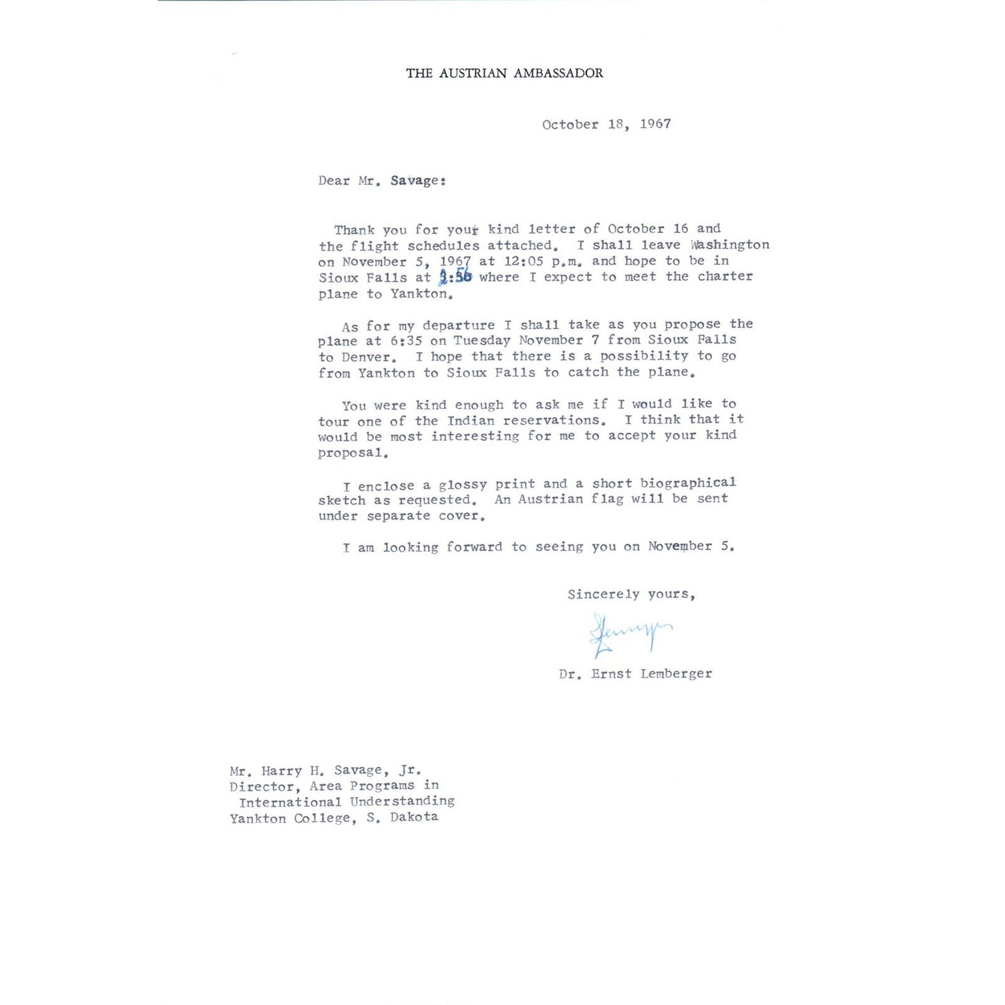 Australia Ambassador to US Letterhead Memo Ernst Lemberger 10/18/67 TK1-P8