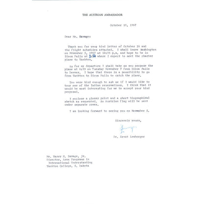 Australia Ambassador to US Letterhead Memo Ernst Lemberger 10/18/67 TK1-P8