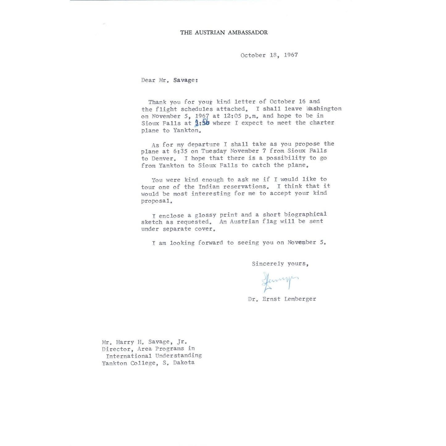 Austrian Ambassador to US Letterhead Memo Ernst Lemberger 10/18/67 B13