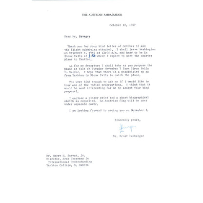 Austrian Ambassador to US Letterhead Memo Ernst Lemberger 10/18/67 B13