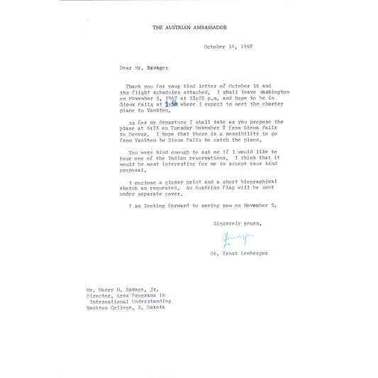 Austrian Ambassador to US Letterhead Memo Ernst Lemberger 10/18/67 B13