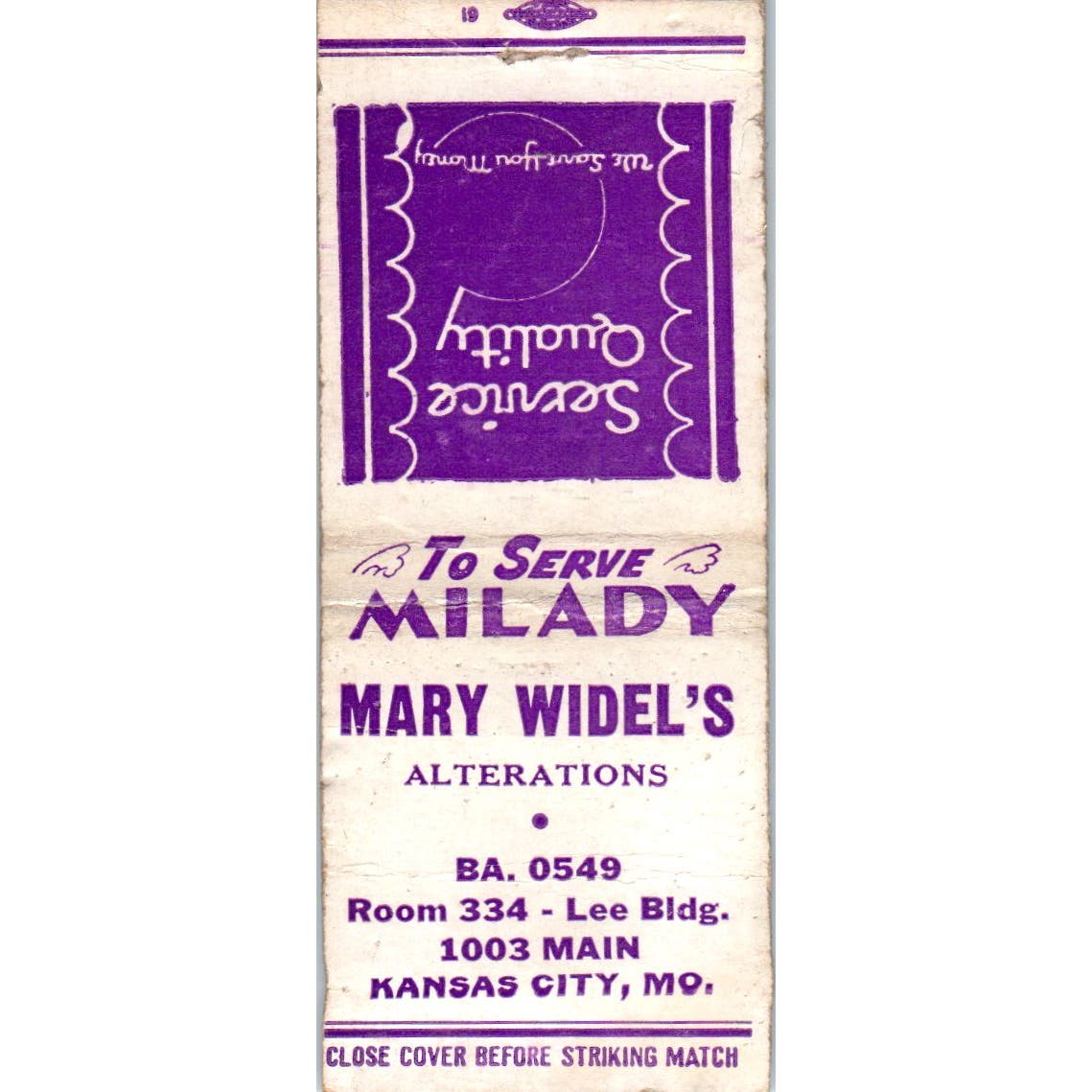 Mary Widel's Alterations Kansas City MO Advertising Matchbook Cover SA9-M5