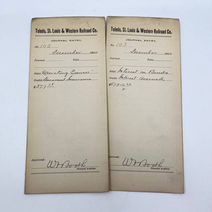 1900 Toledo, St. Louis & Western Railroad Company Journal Entry Lot of 2 AB2-5