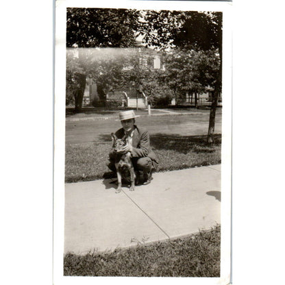 1920s Photograph Man in Canotier Straw Boater Hat w/ German Shepherd 2.5x4" SE5
