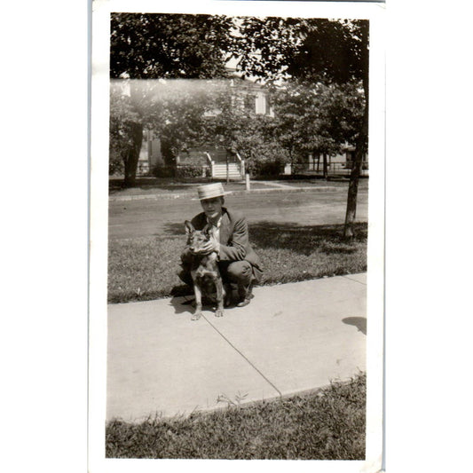 1920s Photograph Man in Canotier Straw Boater Hat w/ German Shepherd 2.5x4" SE5
