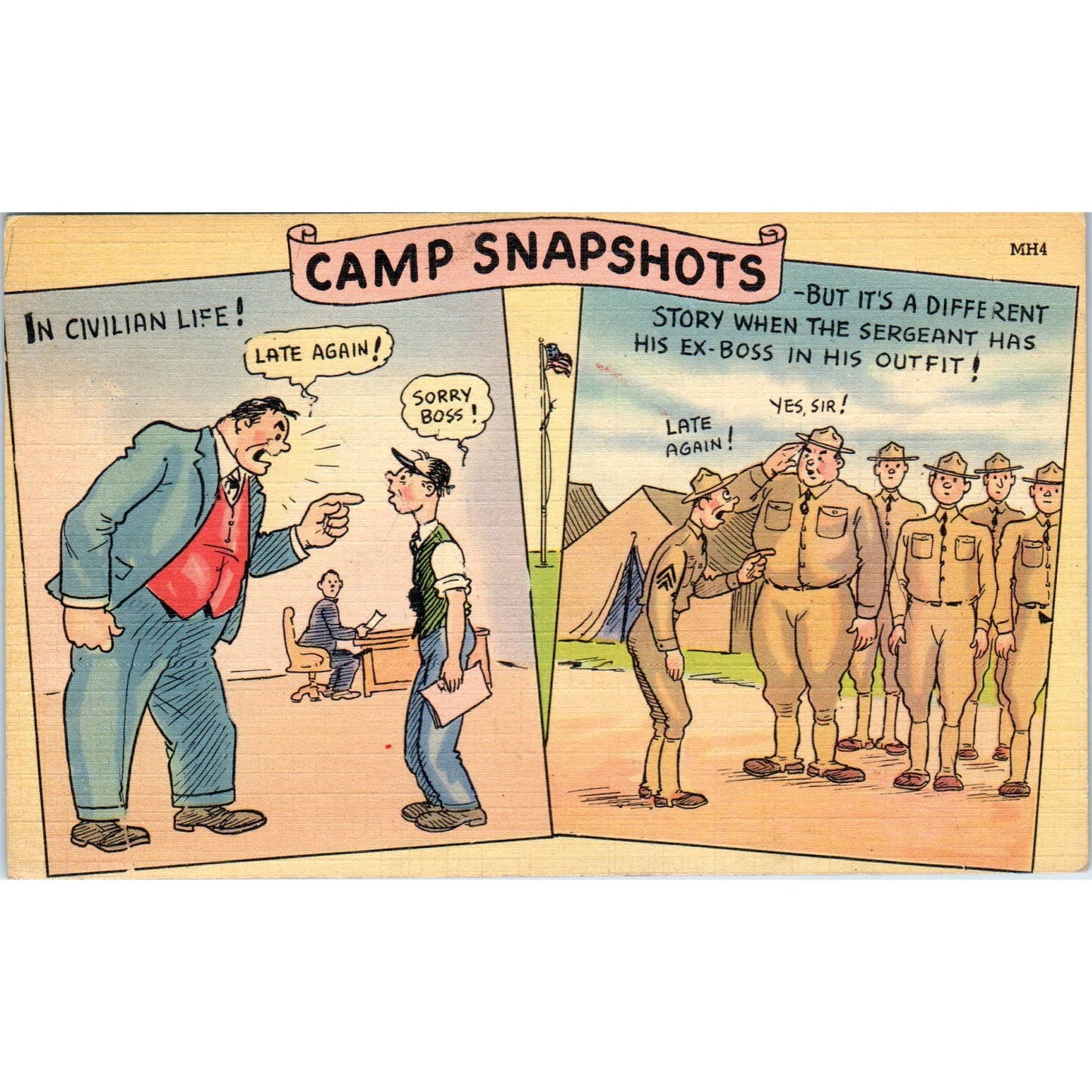 1942 WWII Army Camp Snapshots Humor Cartoon Original Postcard TK1-26-1