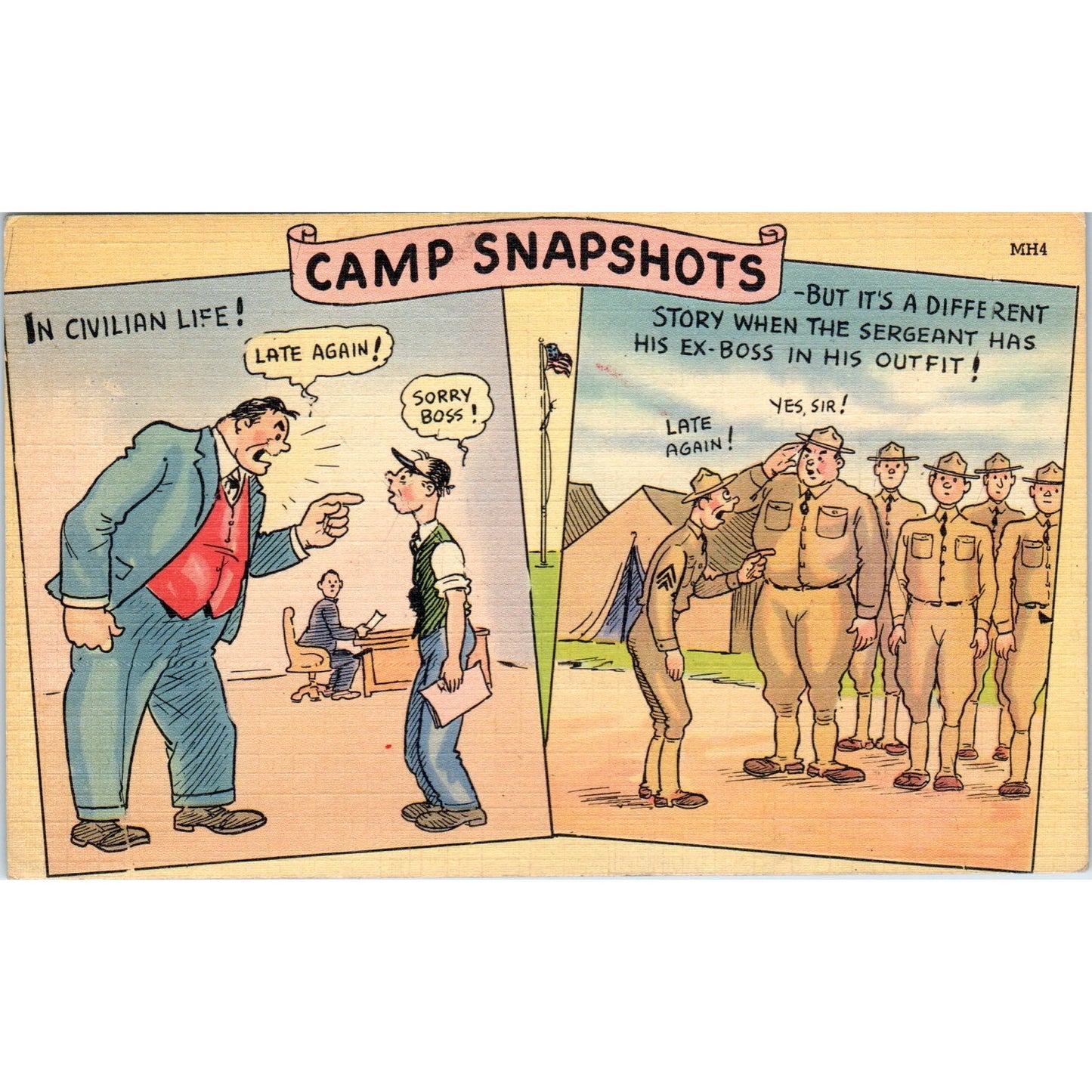 1942 WWII Army Camp Snapshots Humor Cartoon Original Postcard P2-11