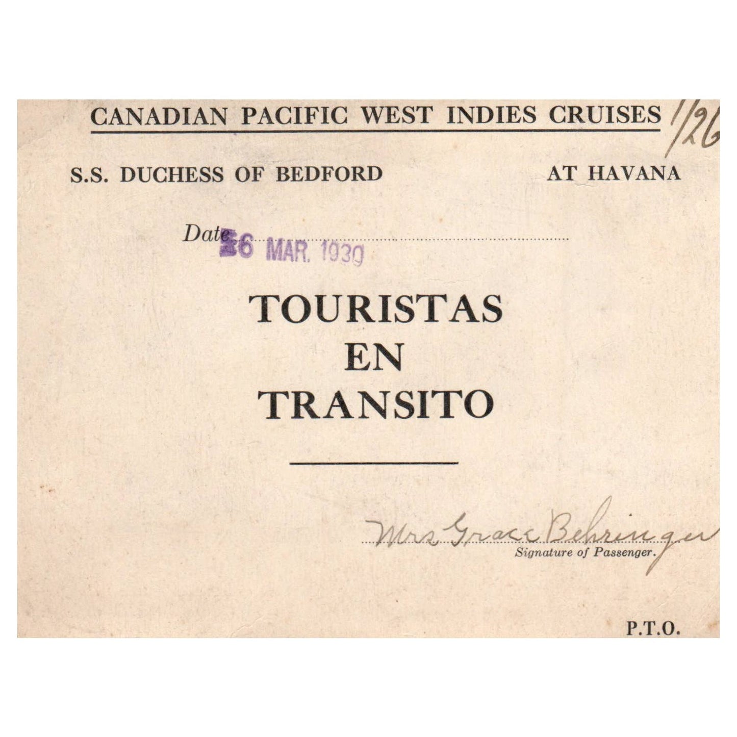 1930 Transit Card Canadian Pacific West Indies Cruises SS Duchess of Bedford AD8