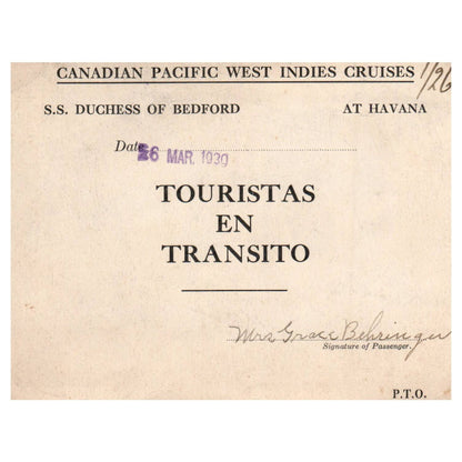 1930 Transit Card Canadian Pacific West Indies Cruises SS Duchess of Bedford AD8