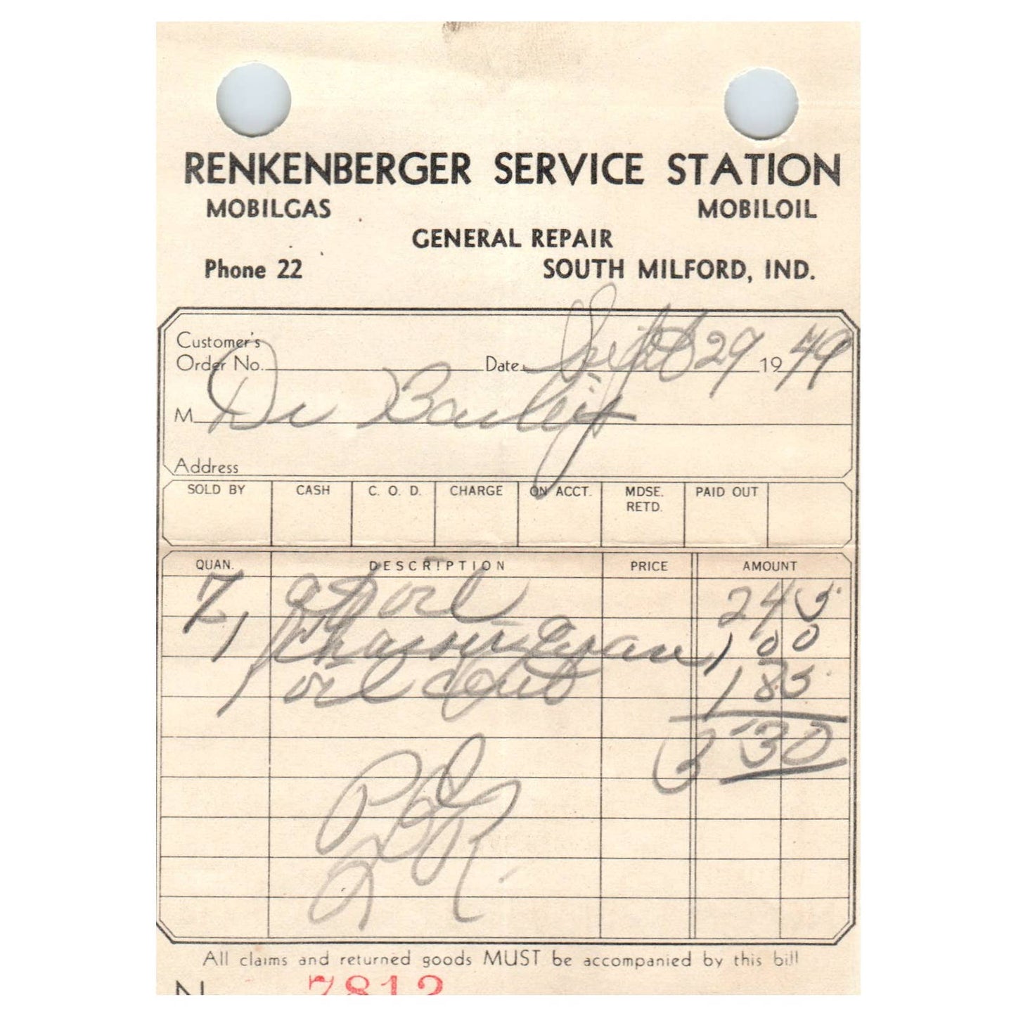 1949 Reckenberger Service Station Memo Mobiloil Mobilgas South Milford 7812 AD8