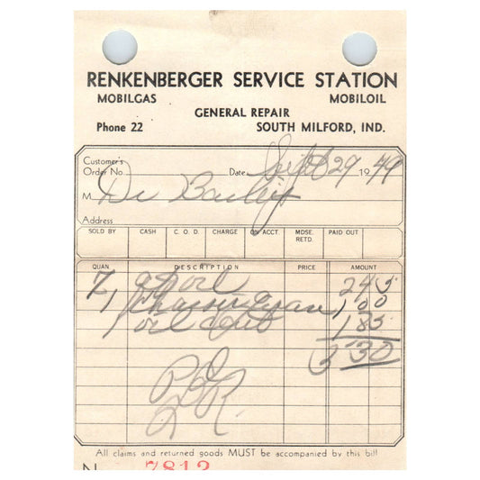 1949 Reckenberger Service Station Memo Mobiloil Mobilgas South Milford 7812 AD8