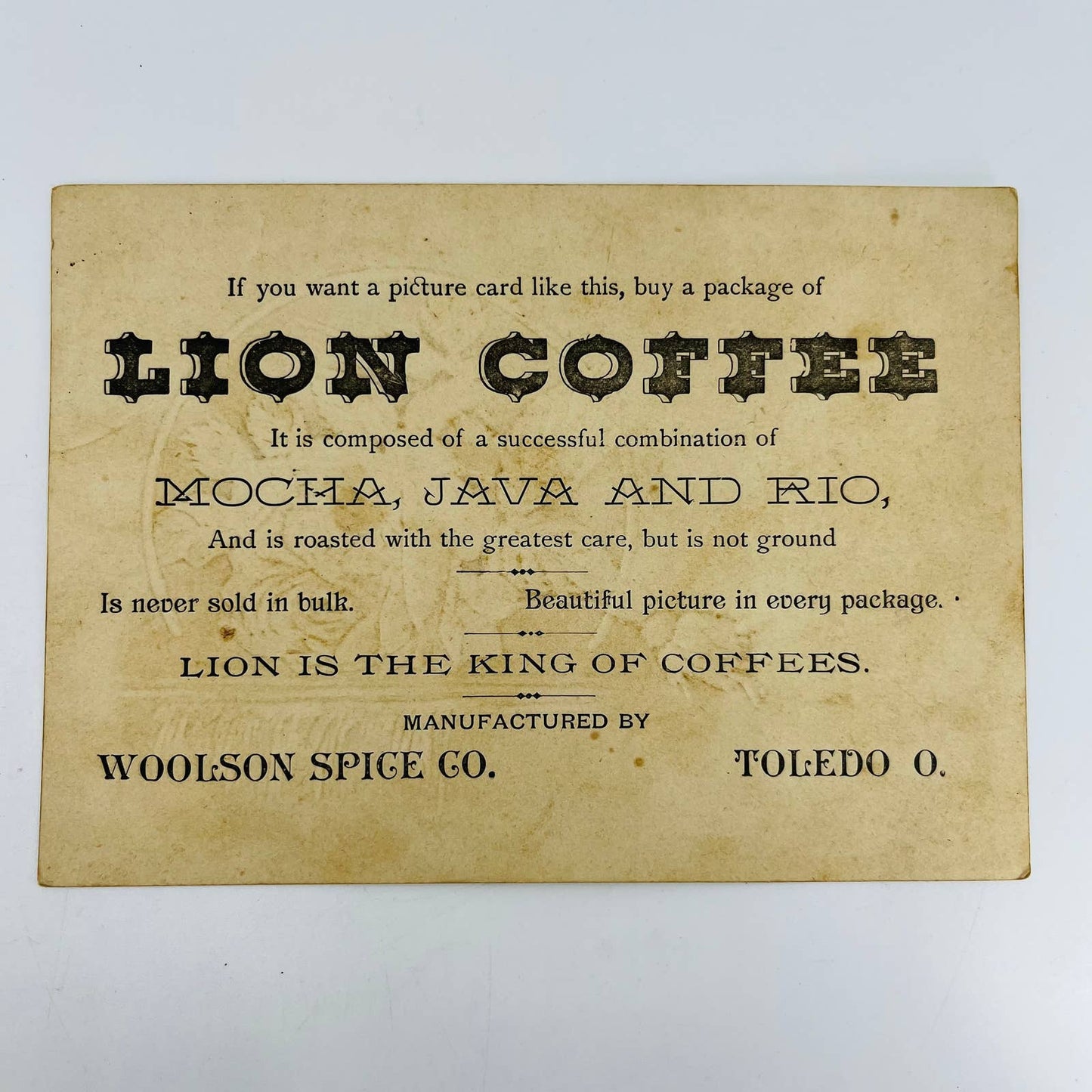 1880s Large Victorian Trade Card Lion Coffee Woolson Toledo OH 6” Waterfall AA5