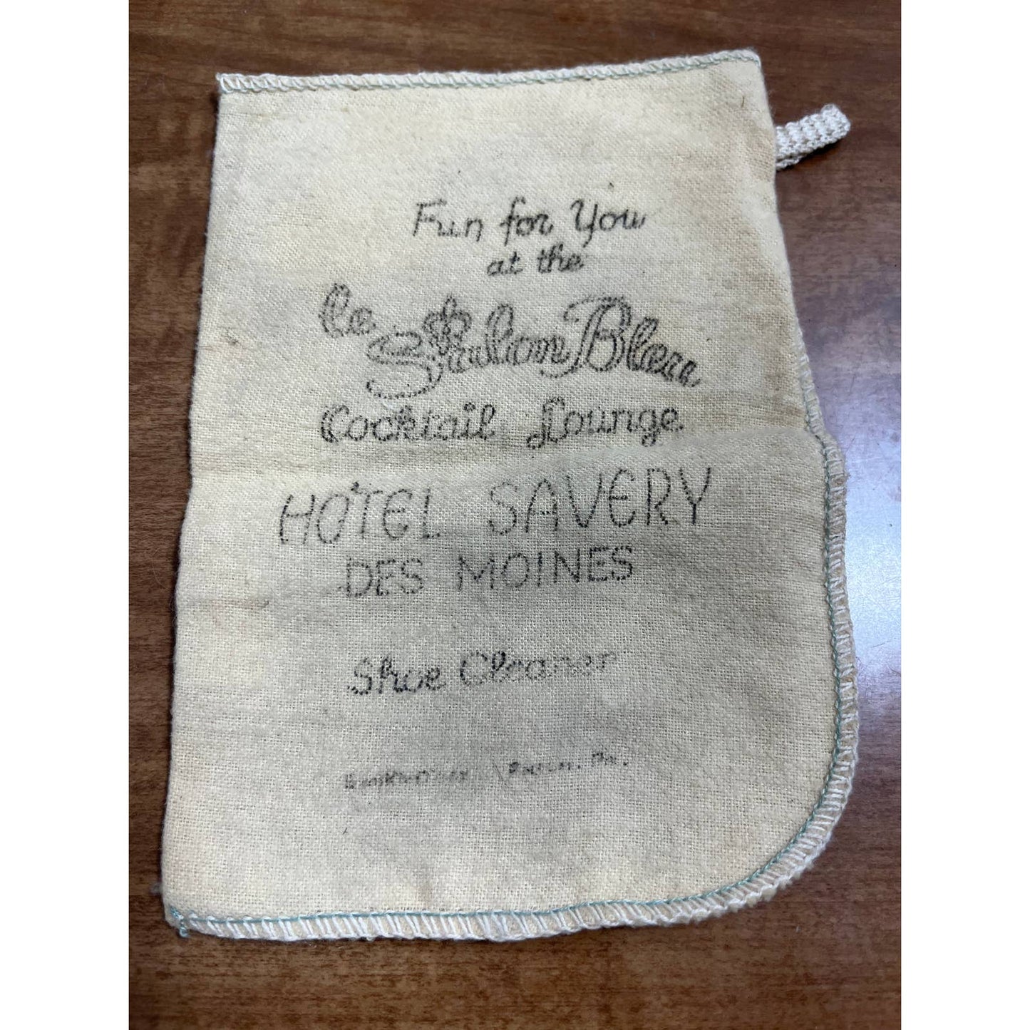 Vintage Advertising Shoe Cleaner Rag Salon Bleu Hotel Savery Des Moines Iowa SD8