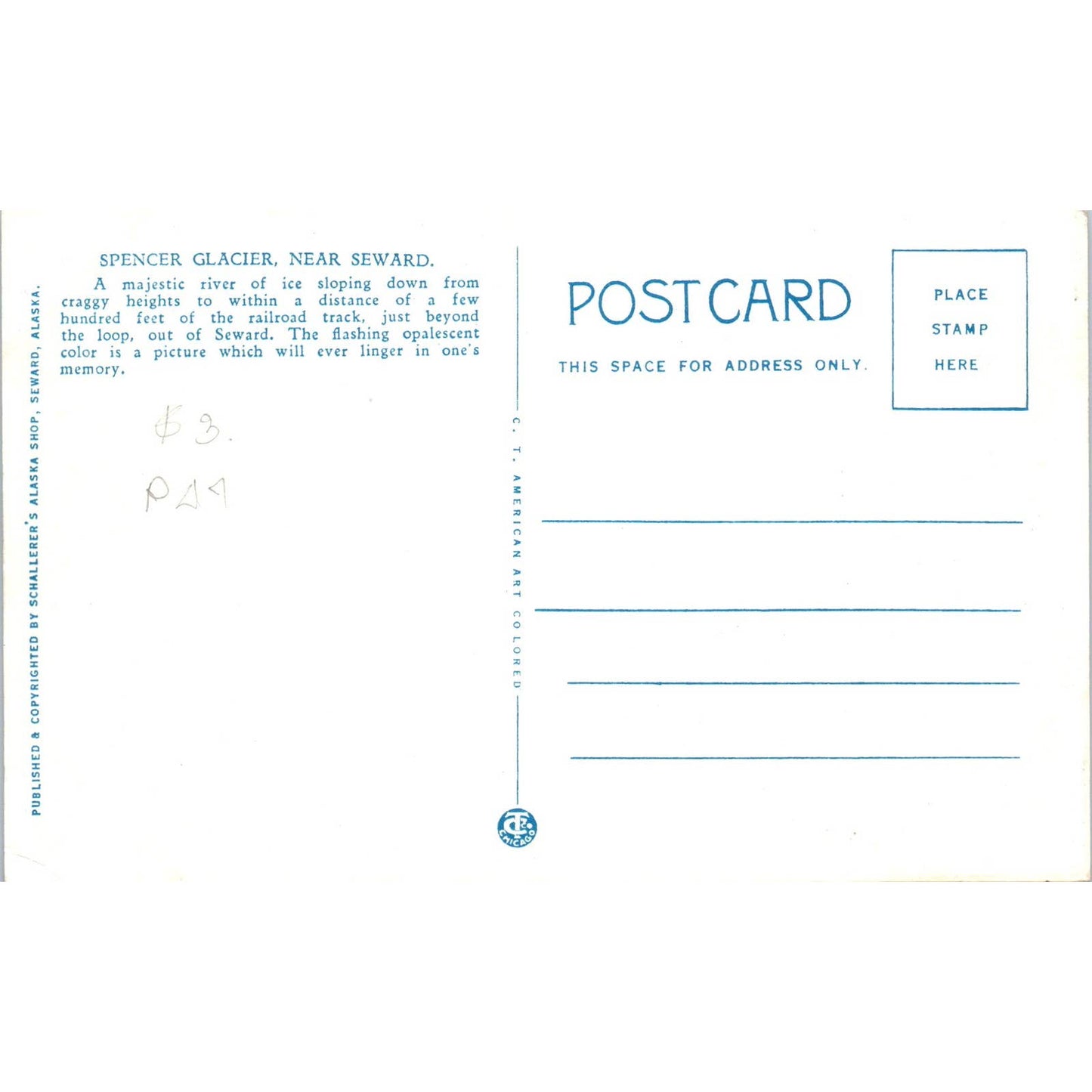 Spencer Glacier Near Seward Alaska Original Postcard TK1-30