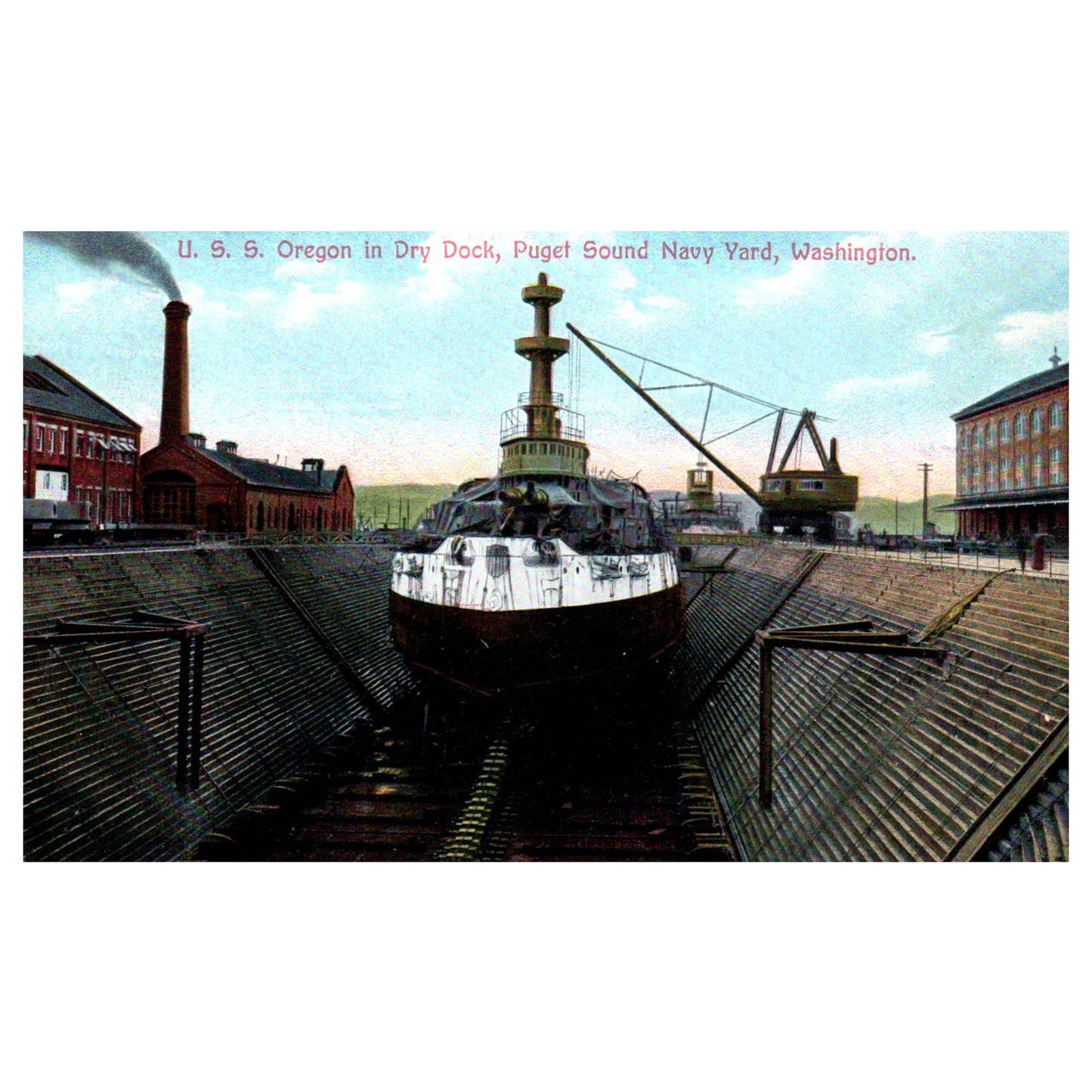USS Oregon in Dry Dock Puget Sound Navy Yard WA - Original Postcard TJ8-5