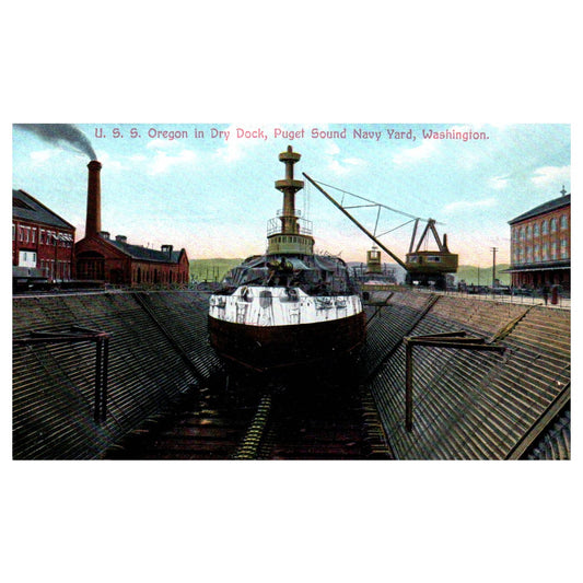 USS Oregon in Dry Dock Puget Sound Navy Yard WA - Original Postcard TJ8-5