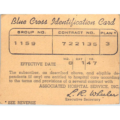 1947 Blue Cross Identification Card Carl W.K. Anderson SE5