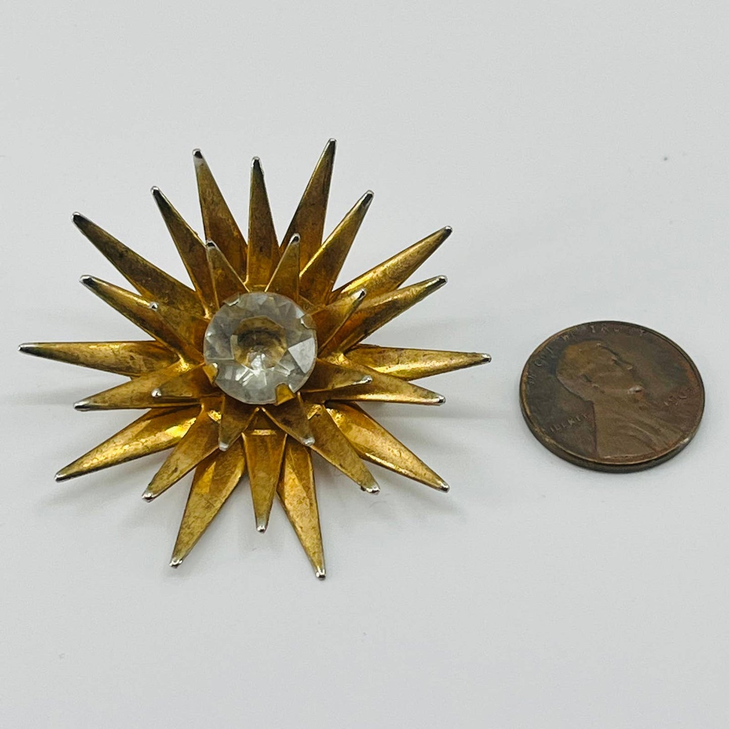 1950s MCM MOD Atomic Starburst Brooch Gold Tone Huge Rhinestone SA6