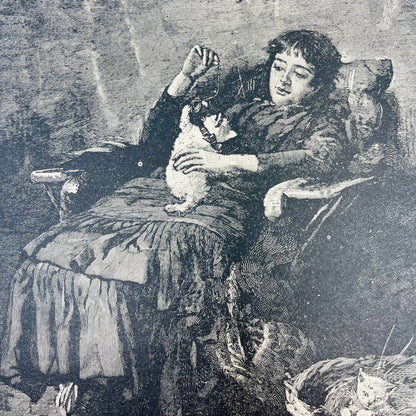 1880s Victorian Art Print Engraving Woman Playing With White Kitten C10