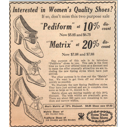1935 Minneapolis Journal Newspaper Ad Home Trade Shoe Store Women's Shoes FL5-5