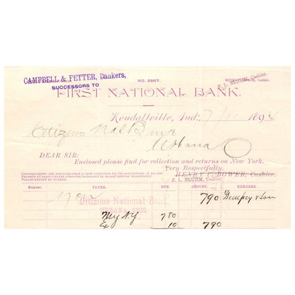 1894 Campbell & Fetter Bankers Letterhead Kendallville Indiana AD8