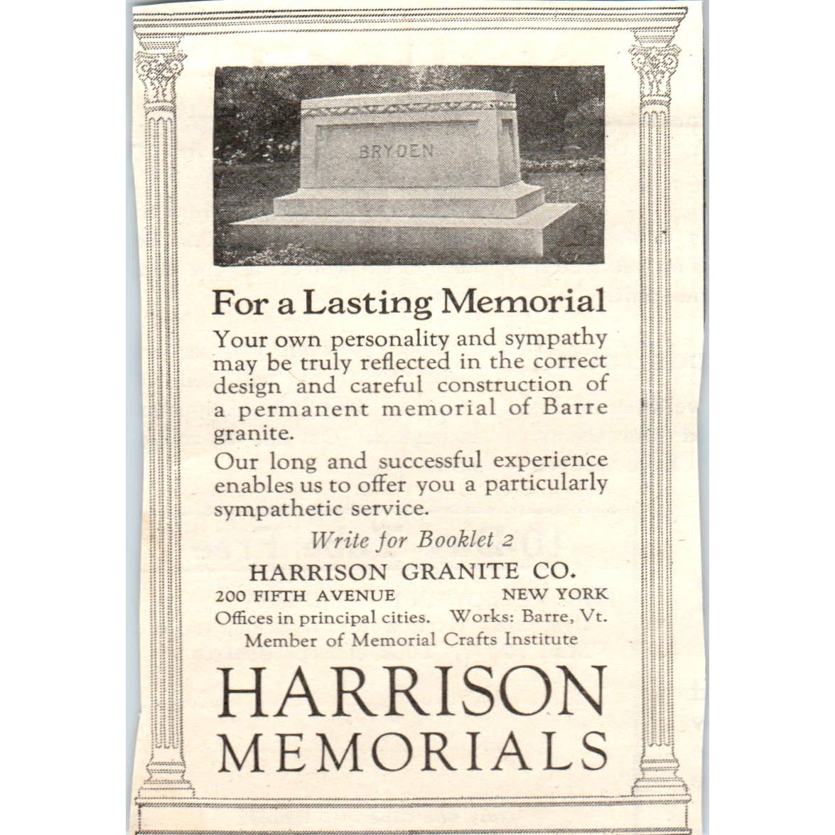 c1920 Harper's Magazine Ad - Harrison Granite Co Memorials Gravestones EA3-4