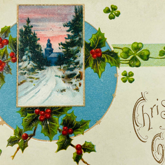 1910s Christmas Post Card Embossed  Church Shamrocks Holly Snow Sunset PA4