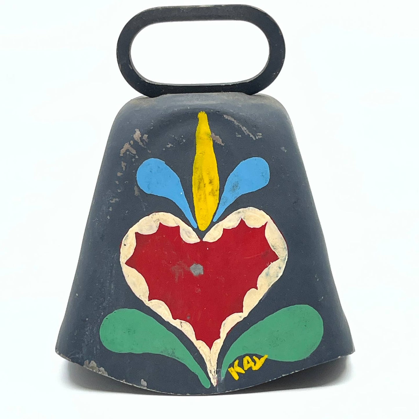 Vintage Pennsylvania Dutch Folk Art Hand Painted Cowbell Floral KAY TG2-2