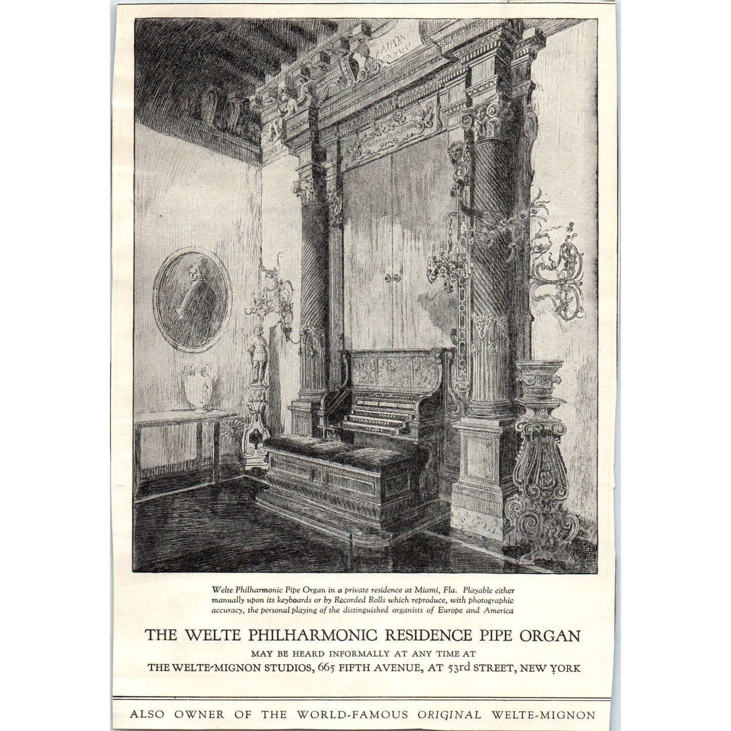 c1920 Harper's Magazine Ad - The Welte Philharmonic Residence Pipe Organ TF6-1