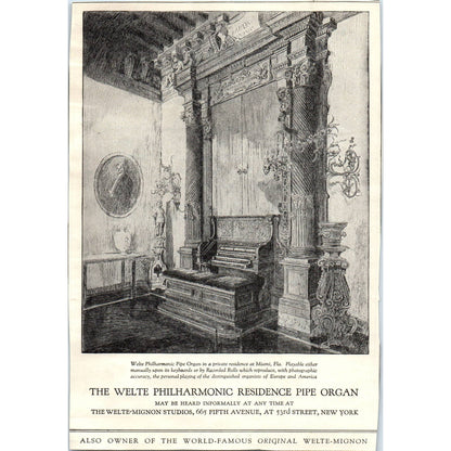 c1920 Harper's Magazine Ad - The Welte Philharmonic Residence Pipe Organ TF6-1