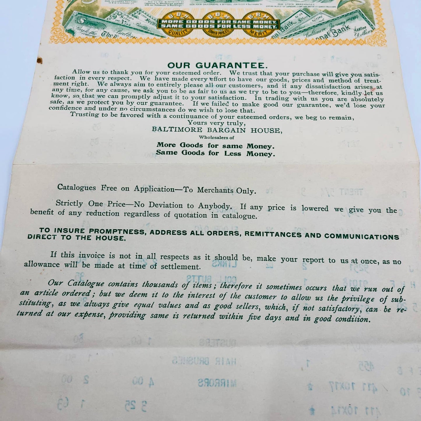 1904 Baltimore Bargain House MD Billhead Letterhead Receipt AA4