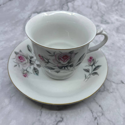 Vintage Pink & White Rosebud & Rose Fine China Cup & Saucer w/ Gray Leaves TD6