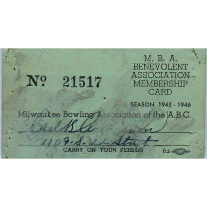 1945 Milwaukee Bowling Association Membership Card Carl W. K. Anderson SE5-9