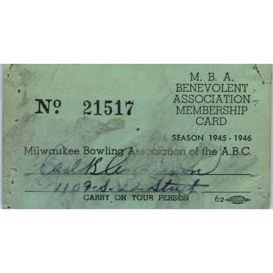 1945 Milwaukee Bowling Association Membership Card Carl W. K. Anderson SE5-9