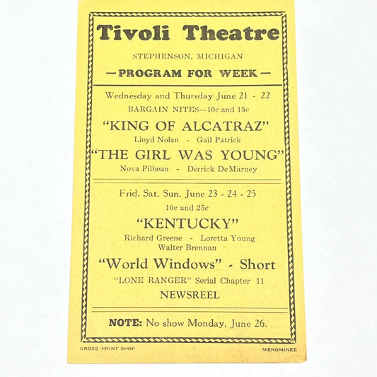 1939 Tivoli Theatre Stephenson MI Program Card King of Alcatraz Lone Ranger AC2