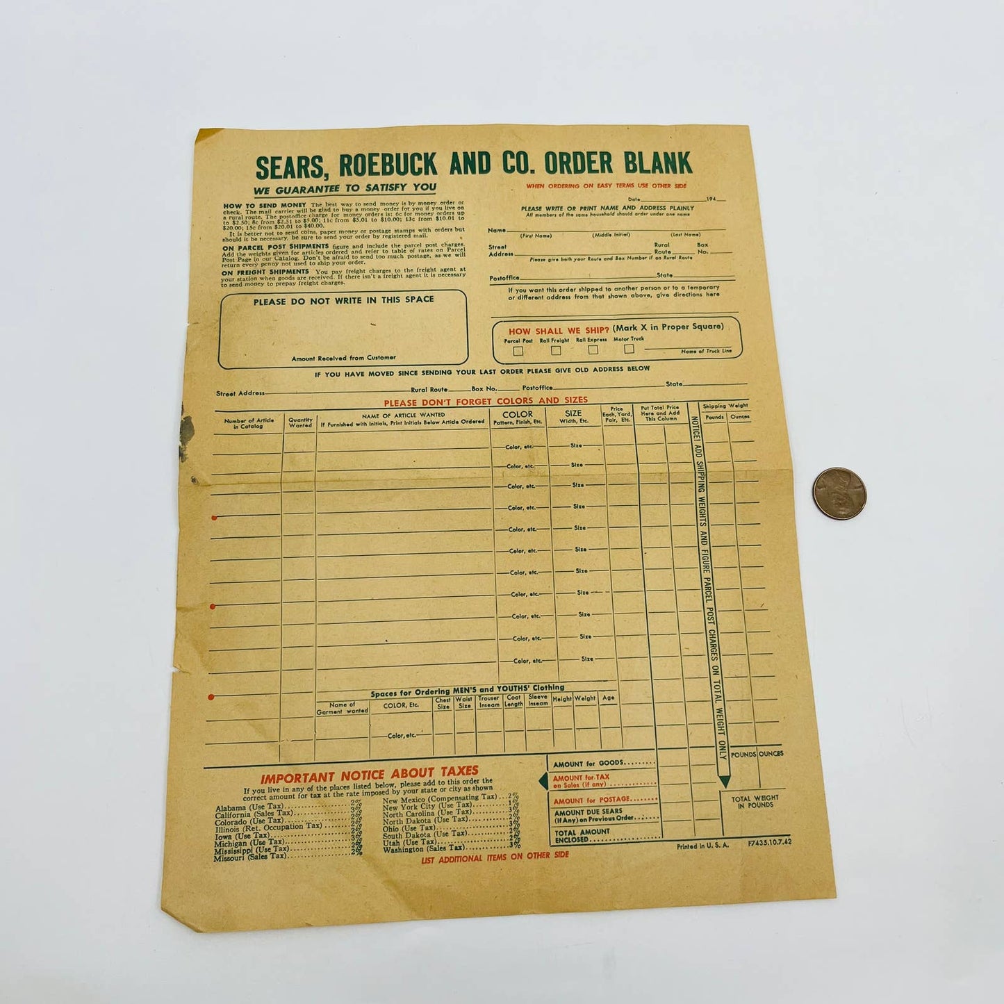 1942 Sears, Roebuck and Co. Order Blank Form D2